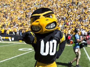 BRIAN RAY/UNIVERSITY OF IOWA Herky the Hawk, the mascot for the University of Iowa Hawkeyes, has been accused of looking too mean, at least by one UI professor. Herky's feathers have not been ruffled, however.
